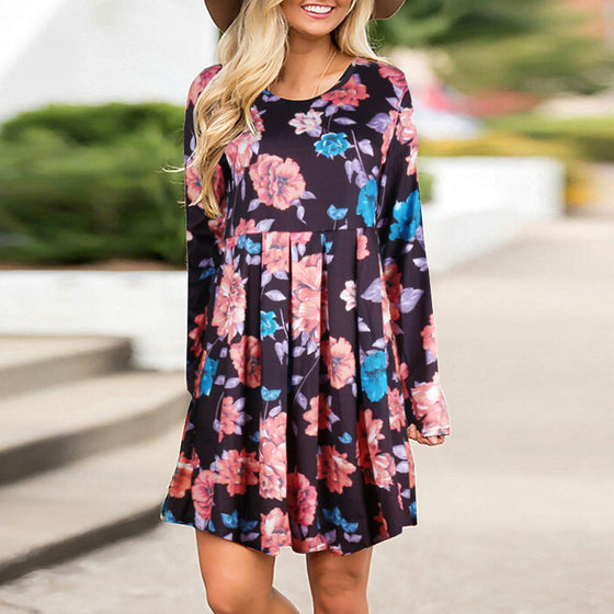 Women Floral Dress, Elegant Floral Dresses for Women A-line Long Sleeve High Waist O-neck