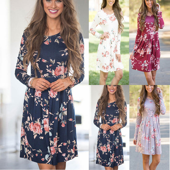 Women Floral Dress, Elegant Floral Dresses for Women A-line Long Sleeve High Waist O-neck