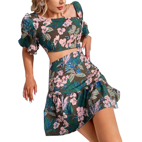 Women's Floral Short Sleeve Dress Two Piece Set