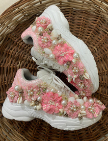  Pink Floral Theme Sneakers with Shell and Pearl Detailing