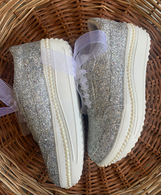 FUNKY N TRENDY silver glitter heeled sneakers with pearl detailing for brides /bridesmaids / sneakers for bridesmaids/ handcrafted sneakers/ glitter sneakers / bridal sneakers / bridesmaid sneakers/ silver sneakers / silver shoes