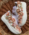 Tan Peach Floral Theme Sneakers with Shell and Pearl Detailing
