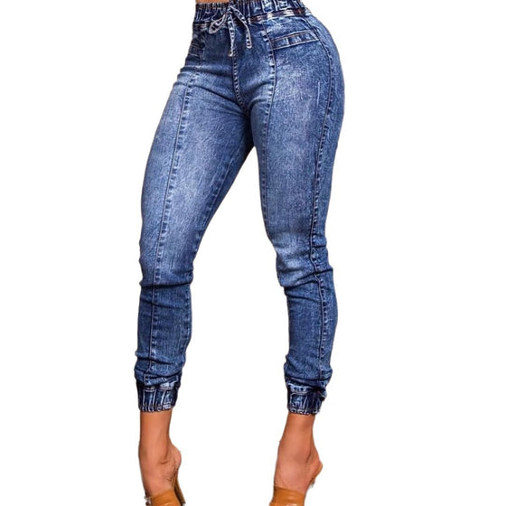 Women's Elastic Waist Lace Up Slim Fit Jeans