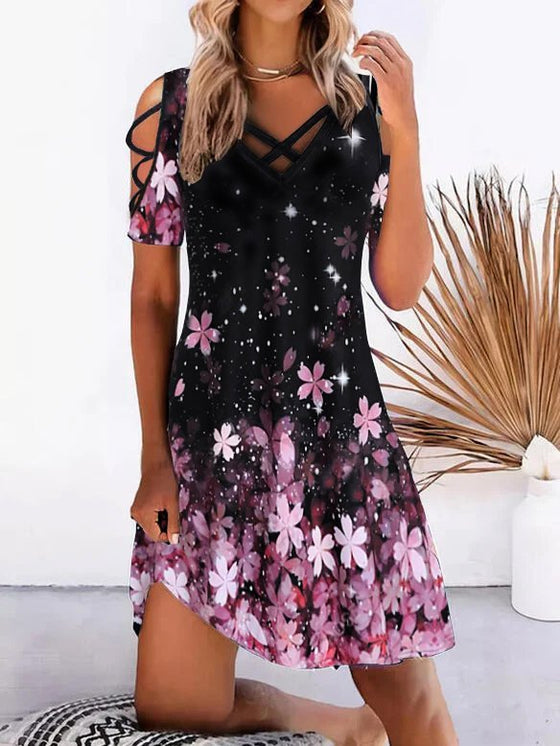 Floral Printed V-neck Short Sleeve Dress Women