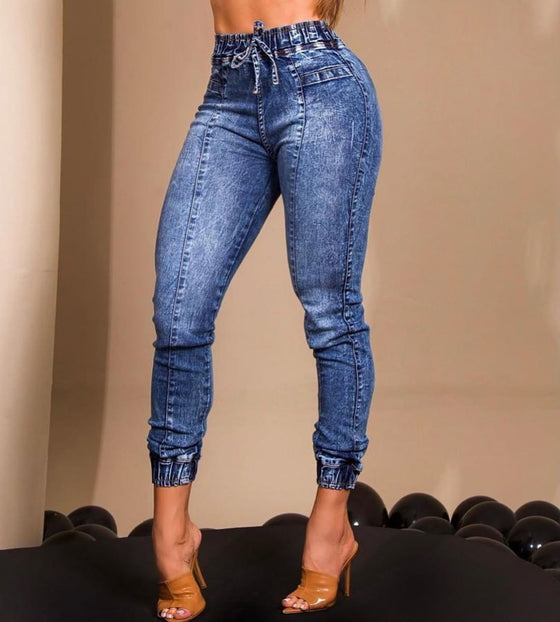 Women's Elastic Waist Lace Up Slim Fit Jeans