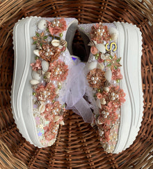  Tan Peach Floral Theme Sneakers with Shell and Pearl Detailing