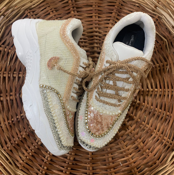 Tan Peach with Ivory Color Hand Work Sneakers