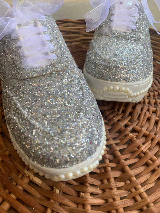 FUNKY N TRENDY silver glitter heeled sneakers with pearl detailing for brides /bridesmaids / sneakers for bridesmaids/ handcrafted sneakers/ glitter sneakers / bridal sneakers / bridesmaid sneakers/ silver sneakers / silver shoes