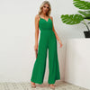 V-neck Suspender Pleated Jumpsuit Solid Color Loose Straight Pants Womens Clothing