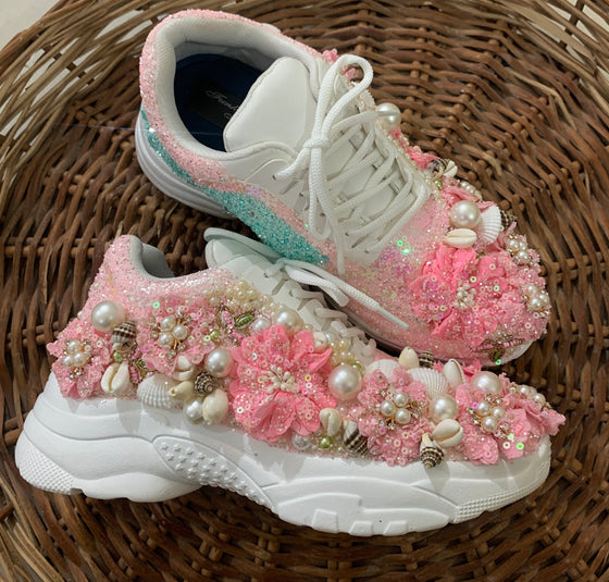 Pink Floral Theme Sneakers with Shell and Pearl Detailing
