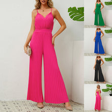  V-neck Suspender Pleated Jumpsuit Solid Color Loose Straight Pants Womens Clothing