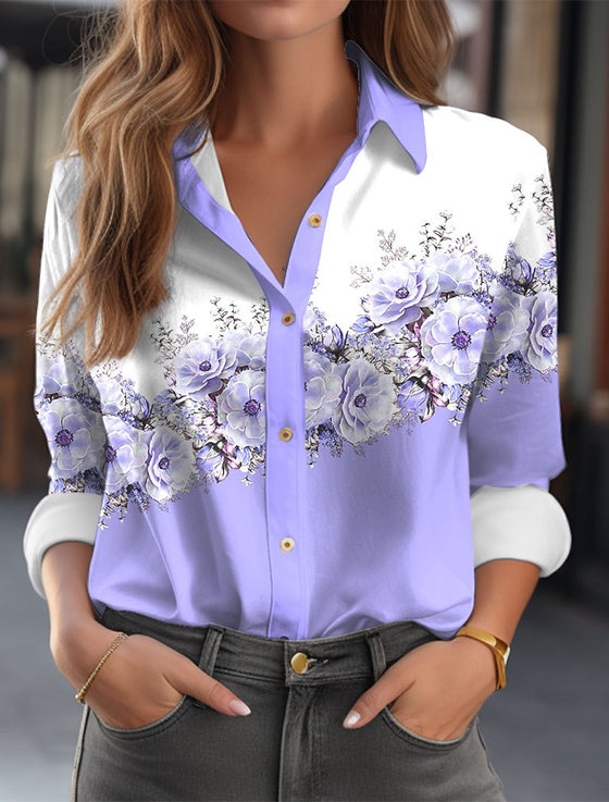 Women's Color Matching Printed Long-sleeved Lapel Button Shirt