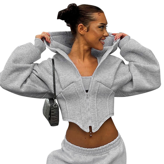 Women's Clothing Long-sleeve Zipper Hooded Cardigan Short