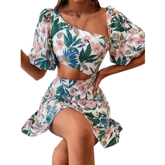 Women's Floral Short Sleeve Dress Two Piece Set