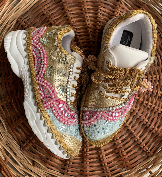 Pink and Blue Theme Sneakers with Mirror and Pearl Detailing