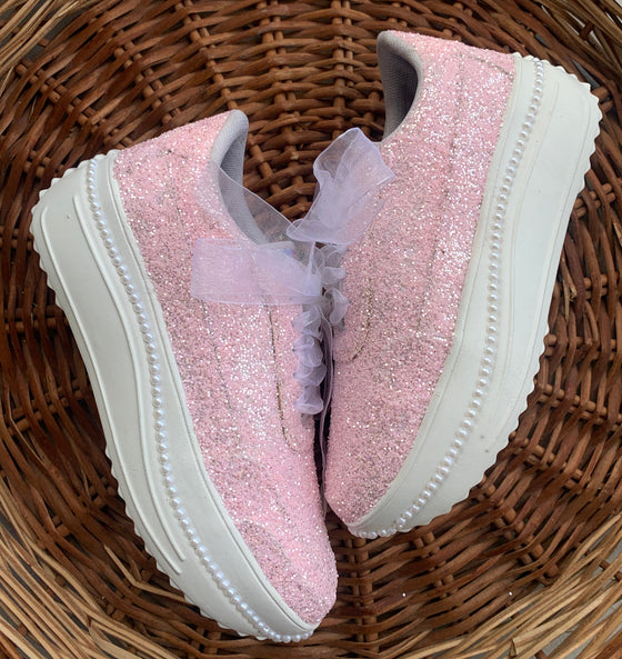 Pink Glitter Heeled Sneakers with Pearl Detailing 3
