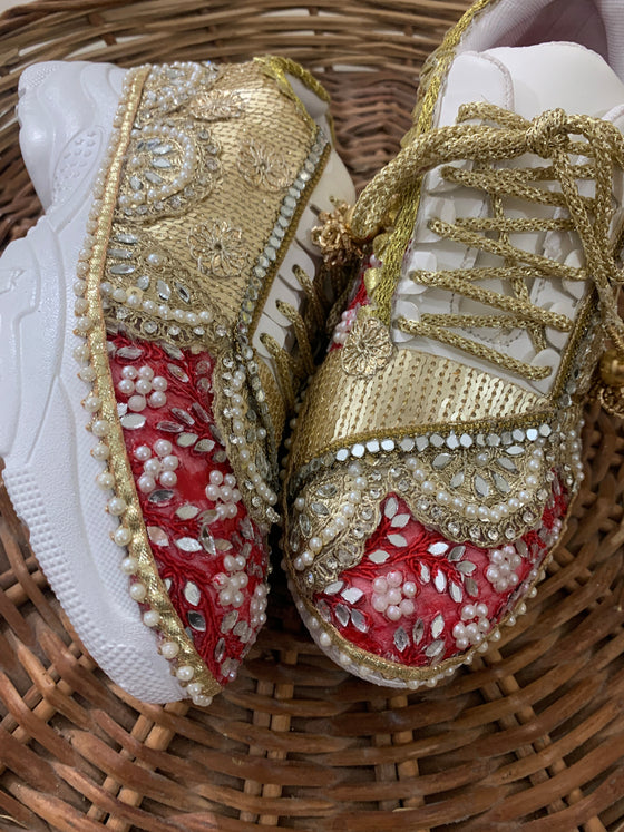 Hand crafted red and gold bridal sneakers