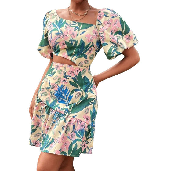 Women's Floral Short Sleeve Dress Two Piece Set