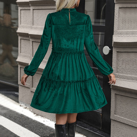 Green Velvet Midi Dress, Dark Green Velvet Midi Skirt Ruffled Smocking Women's Skirt