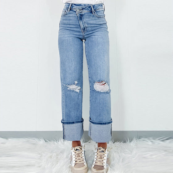 Solid Color Trousers High Waist Ripped Jeans For Women