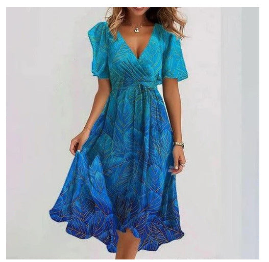 Chiffon Printed Short Sleeve Dress Summer Elegant V-neck Dresses Womens Clothing