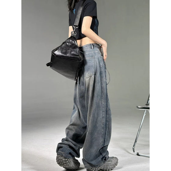 High Street Special-interest Design Wide Leg Washed Jeans