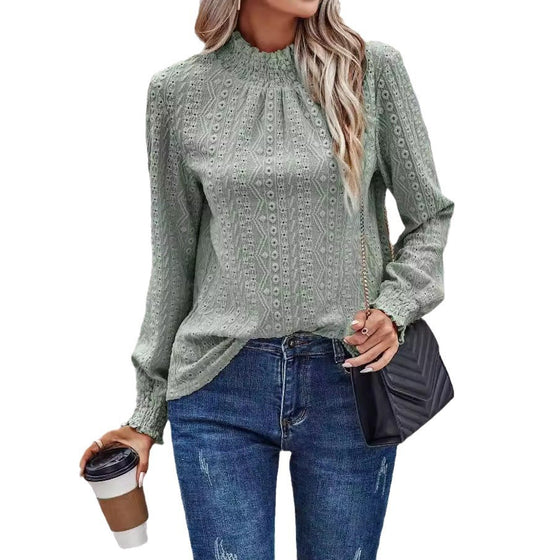 Women's Jacquard Round Neck Smocking Long Sleeve Top